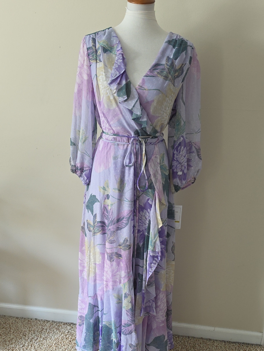 Bleecker 126 Floral Lavender Wrap Maxi Dress with Ruffle Detail Brand New